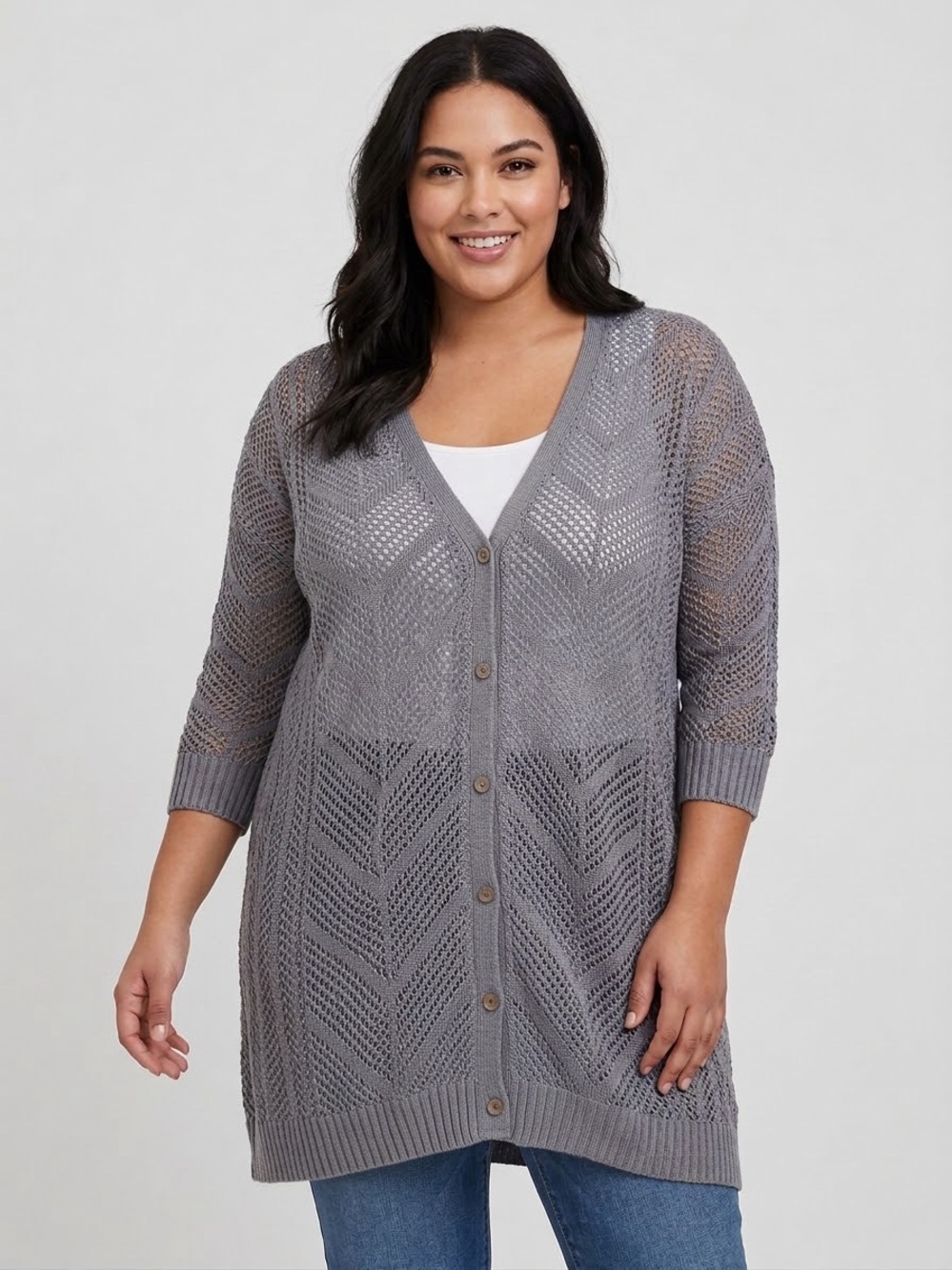 Torrid Pointelle Open Knit Button Front Cardigan Lightweight Chevron Crochet